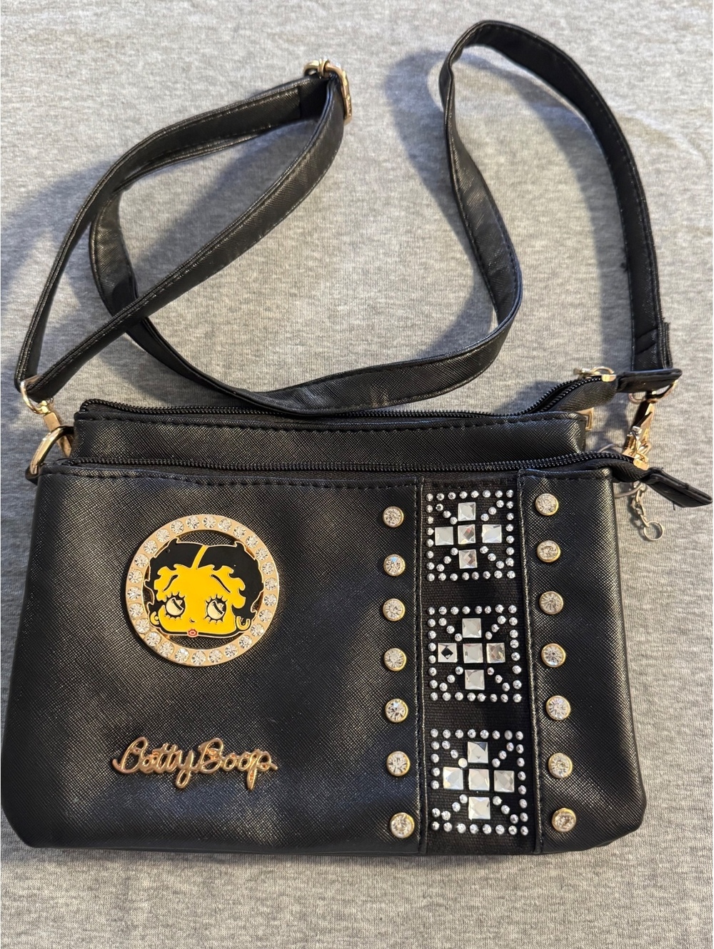 Betty Boop Black Crossbody Bag with Rhinestone Stud Details